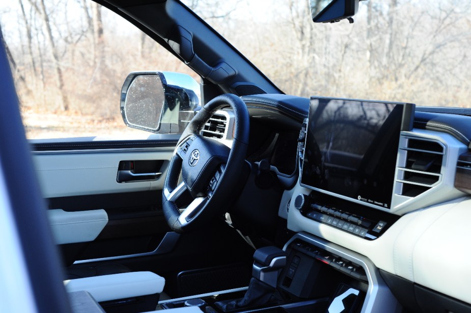 The interior of the 2022 Tundra Capstone, with a massive touchscreen and leather trim. 