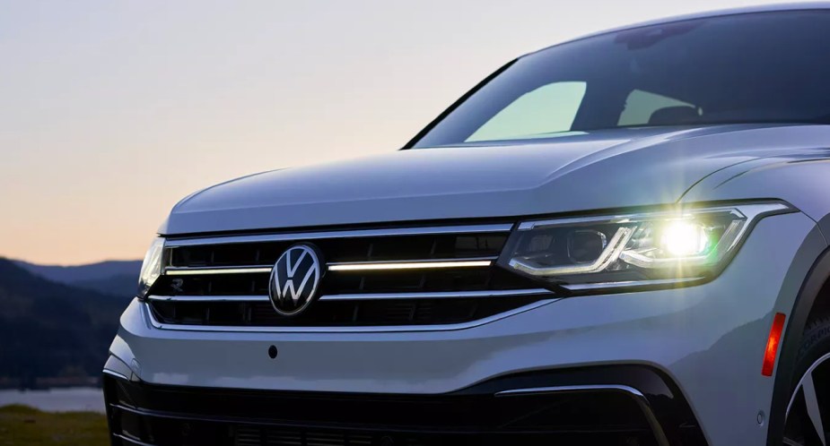 The front of a white 2023 Volkswagen Tiguan small SUV.