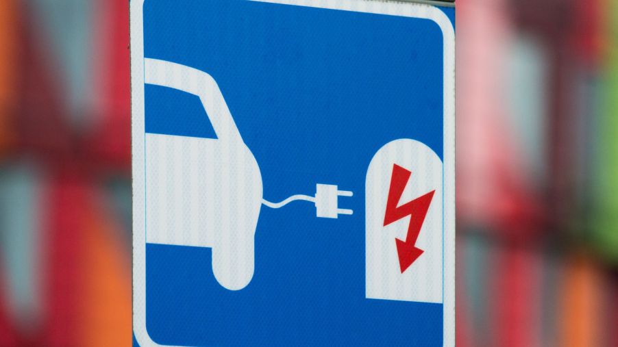 An electric car/electric vehicle (EV) charging station sign in Lindholmen Science Park in Gothenburg, Sweden