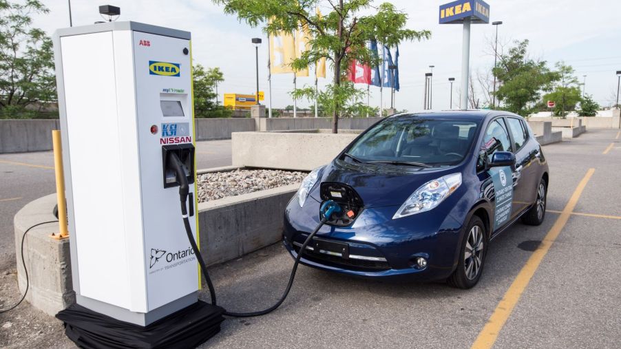 An electric vehicle (EV) charging station in an IKEA parking lot located in Toronto, Ontario, Canada