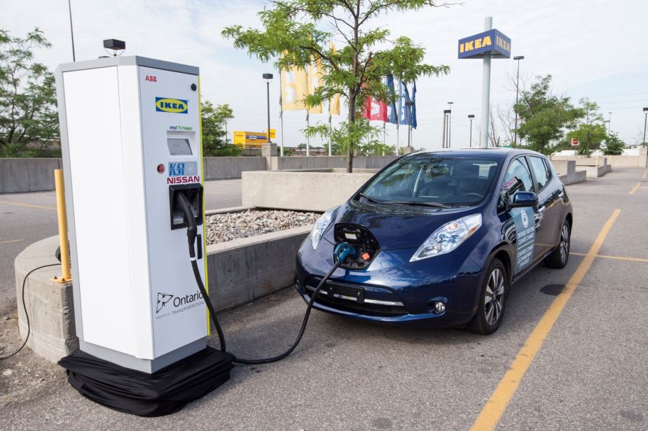 An electric vehicle (EV) charging station in an IKEA parking lot located in Toronto, Ontario, Canada