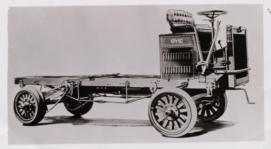 Black and white Grabowsky Motor Company GMC chassis truck.