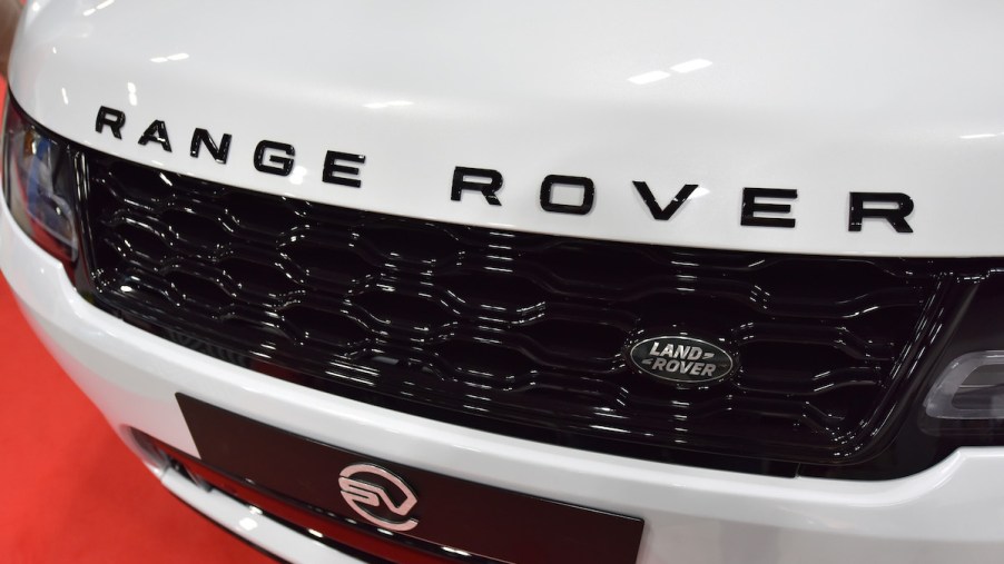 The Range Rover logo on a white Range Rover.