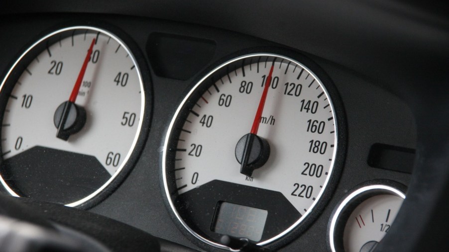 A view of a tachometer in a car.
