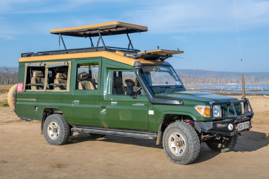 A Land Cruiser 79 foreign market pickup truck outfitted with safari seats for drives in Kenya.