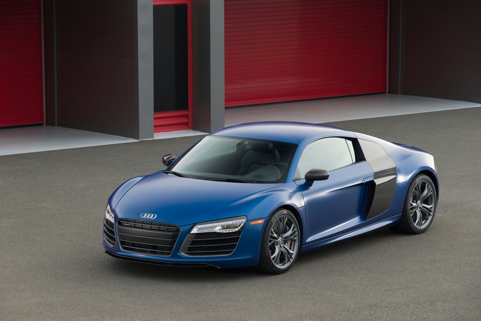 A blue Audi R8 shot from above
