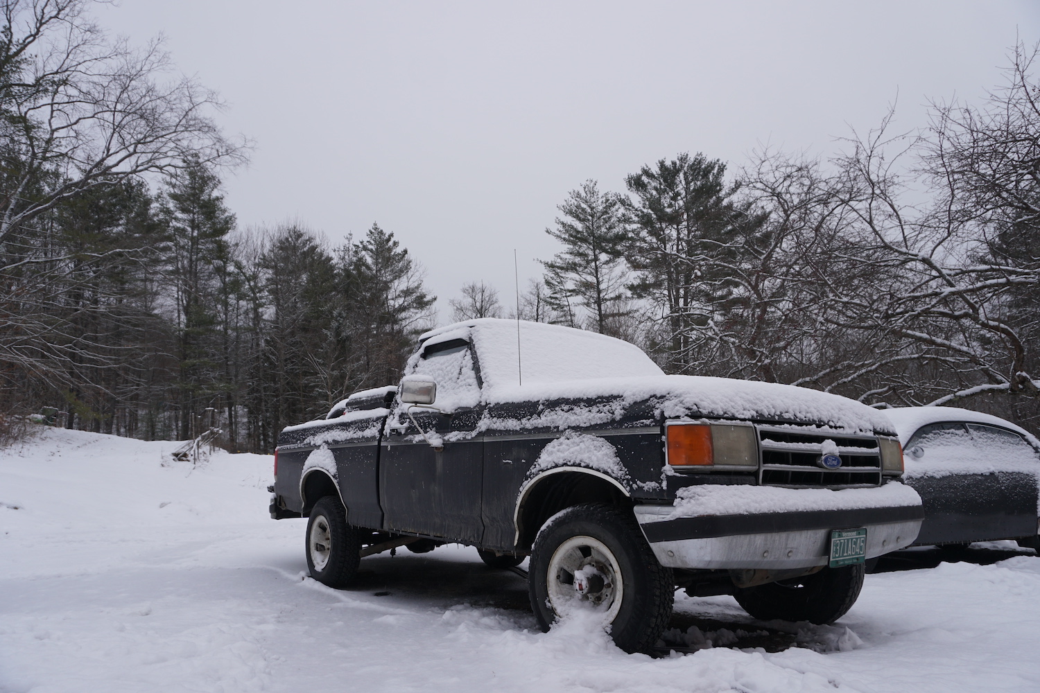 A black Ford F-150 pickup truck covered in snow, has a larger engine with more oil that might have problems in cold weather starting.
