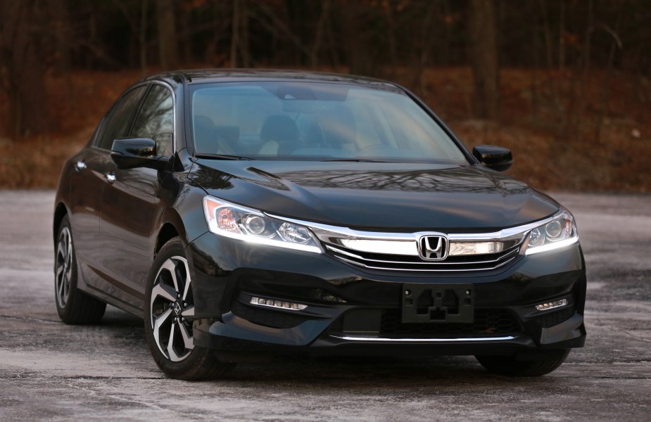 This dark 2016 Honda Accord shows off its LED running lights and requires a specific oil type for oil changes and an easy process for Honda oil life reset. 