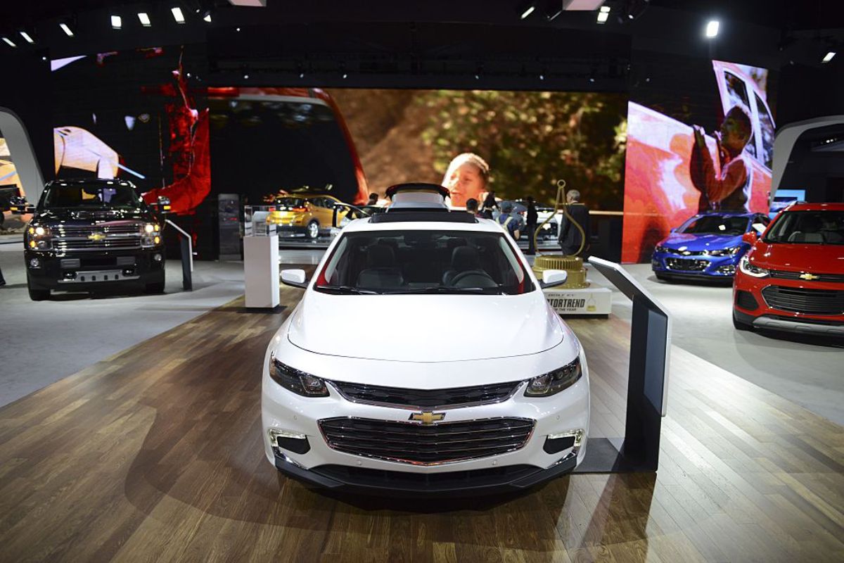 A 2017 Chevy Malibu on display at an auto show.