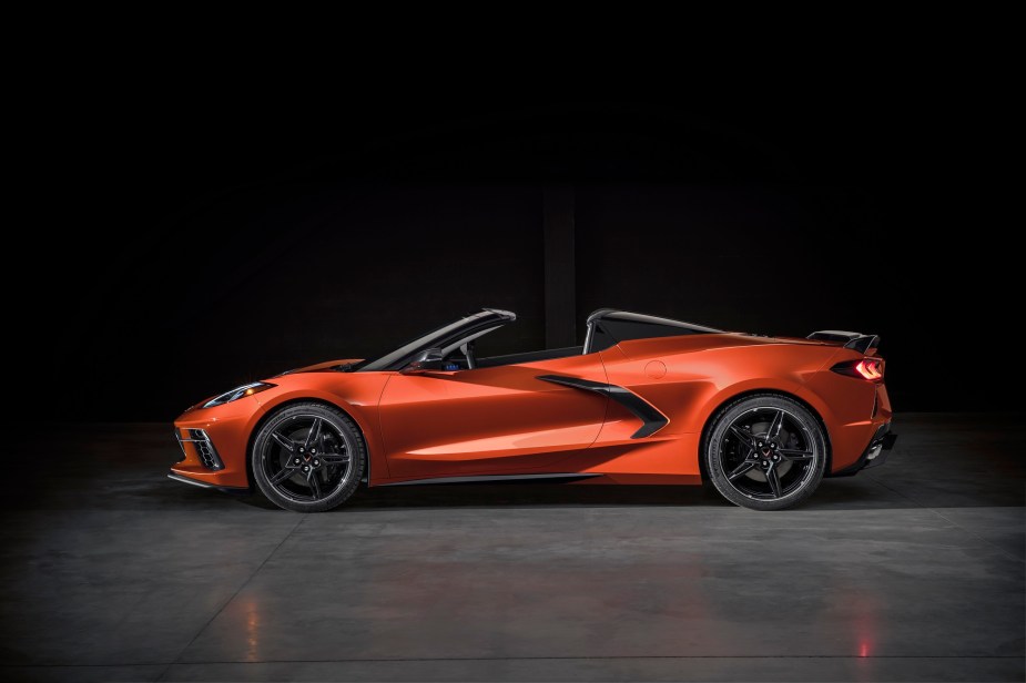 A 2022 Chevrolet Corvette Stingray Z51 convertible shows off its drop top in a photo shoot. 