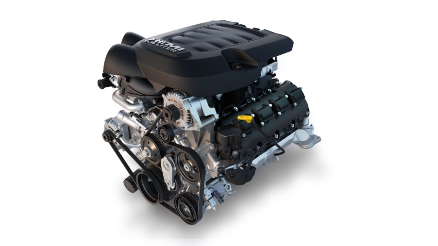 This is a promo photo of a 6.4-liter HEMI V8 engine, which is surprisingly cheap to get in a Ram truck, set against a white background.