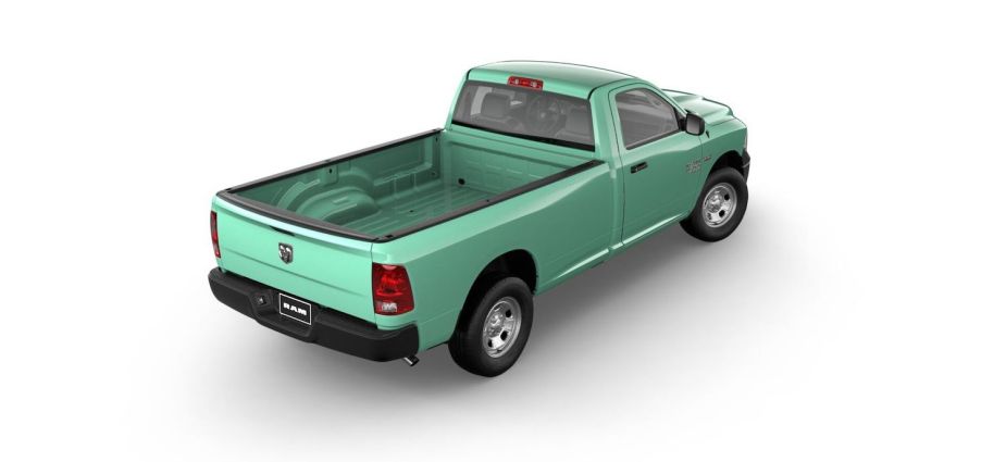 Render of a mint green Ram 1500 "Classic" pickup truck in front of a white background.