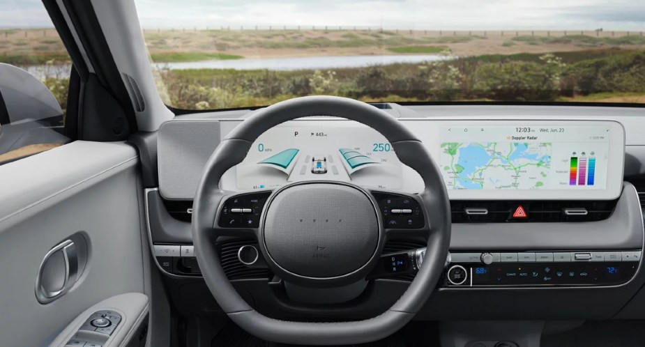 The interior of a 2023 Hyundai Ioniq 5 small electric SUV. 