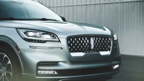 The front of a gray 2023 Lincoln Aviator.
