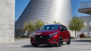 A 2023 Nissan Versa shows off its post-2022 design refresh while maintaining its status as a cheap car.