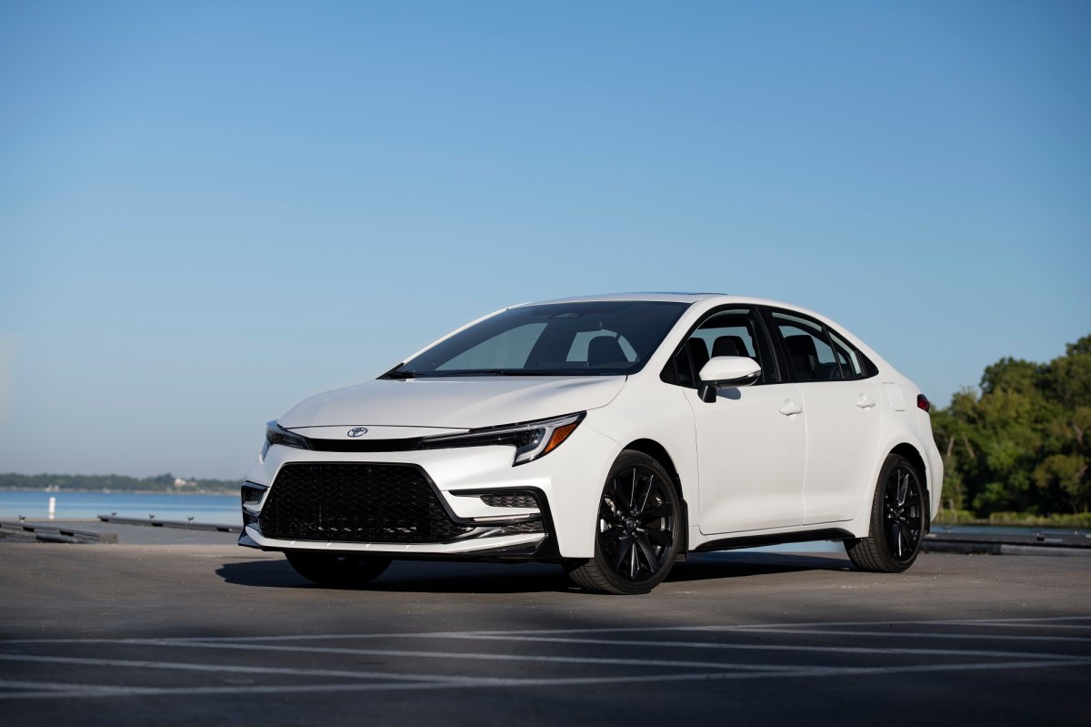 A 2023 Toyota Corolla shows off its compact car styling.
