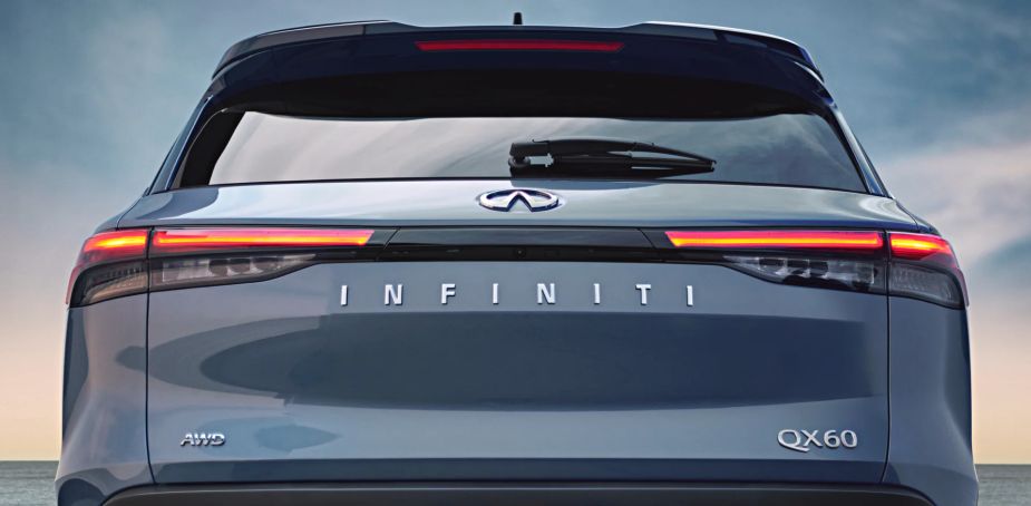 The rear end of a 2023 Infiniti QX60 luxury SUV, what standard equipment do the trims have?