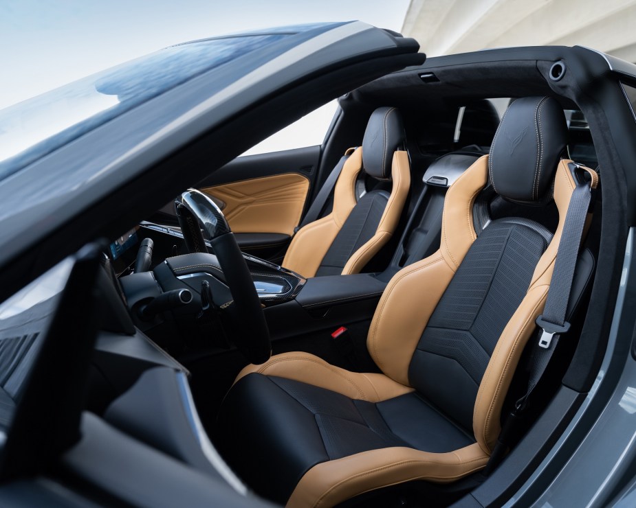The new 2024 Chevrolet Corvette E-Ray's interior shows off its two-tone colors, which are available for a price. 