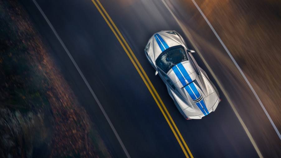 A top-down shot of the new 2024 Corvette E-Ray shows off styling similar to the 2022 Corvette Stingray Z51.