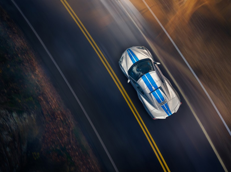 A top-down shot of the new 2024 Corvette E-Ray shows off styling similar to the 2022 Corvette Stingray Z51. 
