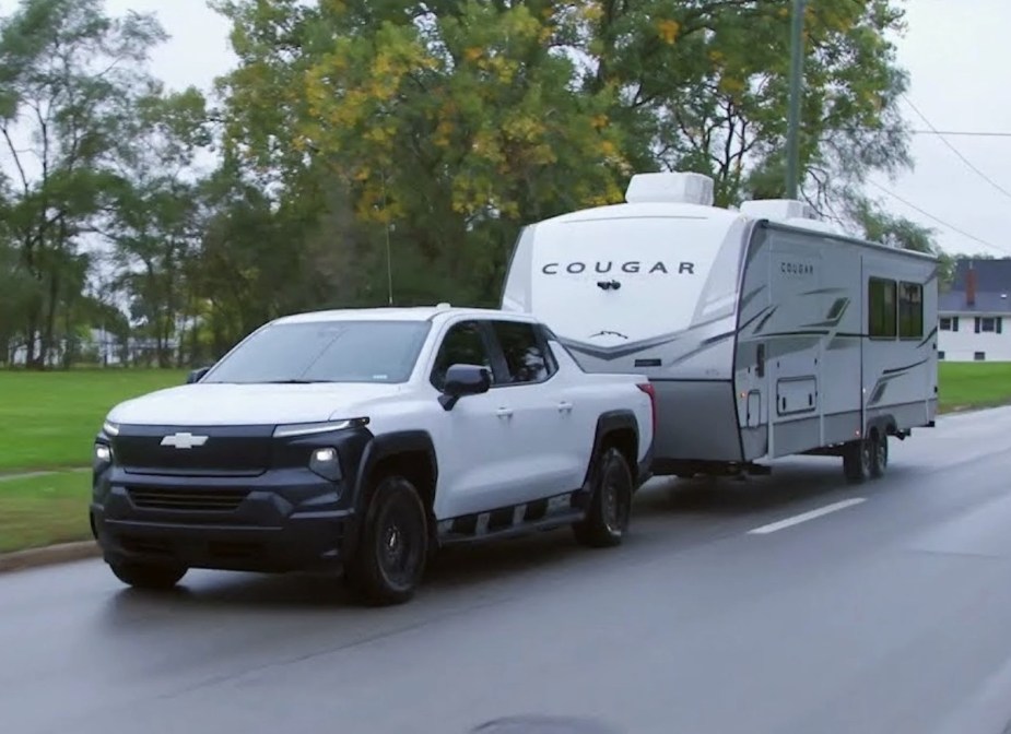 The 2024 Chevy Silverado EV towing a trailer 