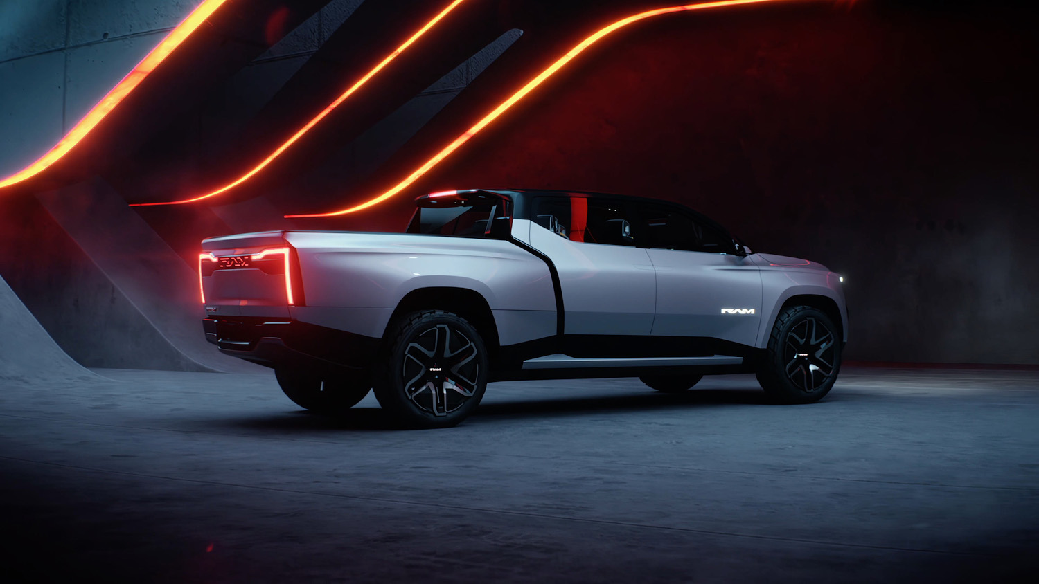 A promo render of the 2024 Ram 1500 Revolution electric pickup truck which may offer much more ground clearance than the current 2500 Power Wagon