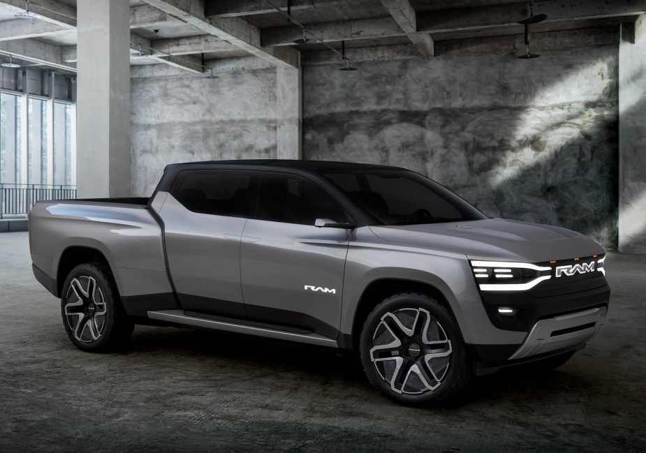 Render of a silver Ram 1500 Revolution electric pickup truck concept.