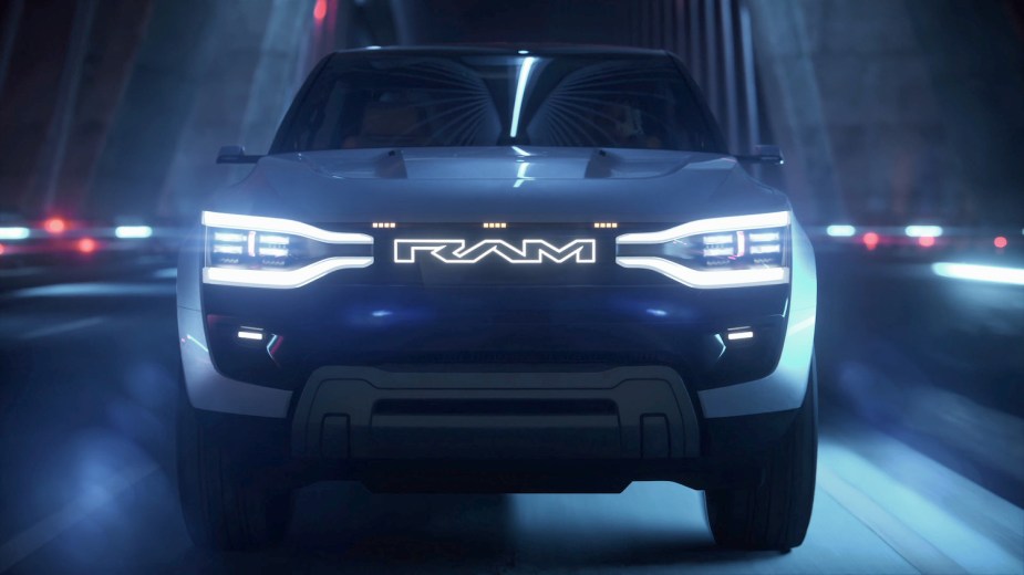 Render of the Ram 1500 Revolution electric pickup truck concept driving across a bridge.