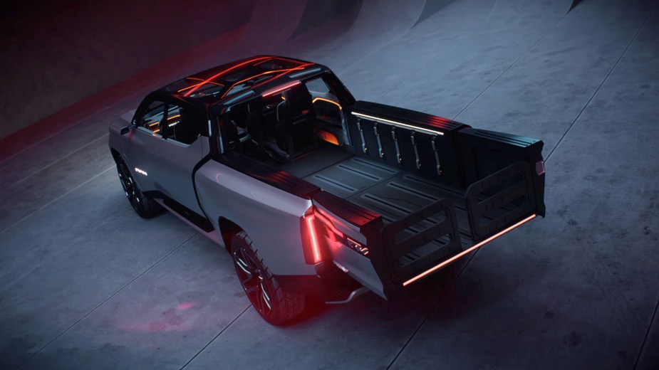 The extended bed of the Ram Revolution EV pickup truck.