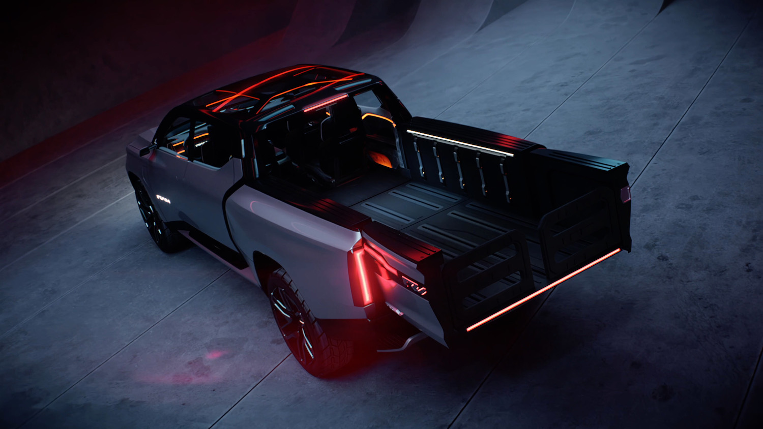The bed and rear jump seats of the Ram Revolution electric pickup truck concept.