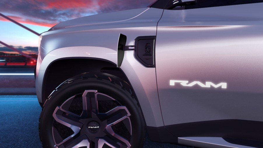 Closeup of the charging door and Ram badge on a revolution concept truck.