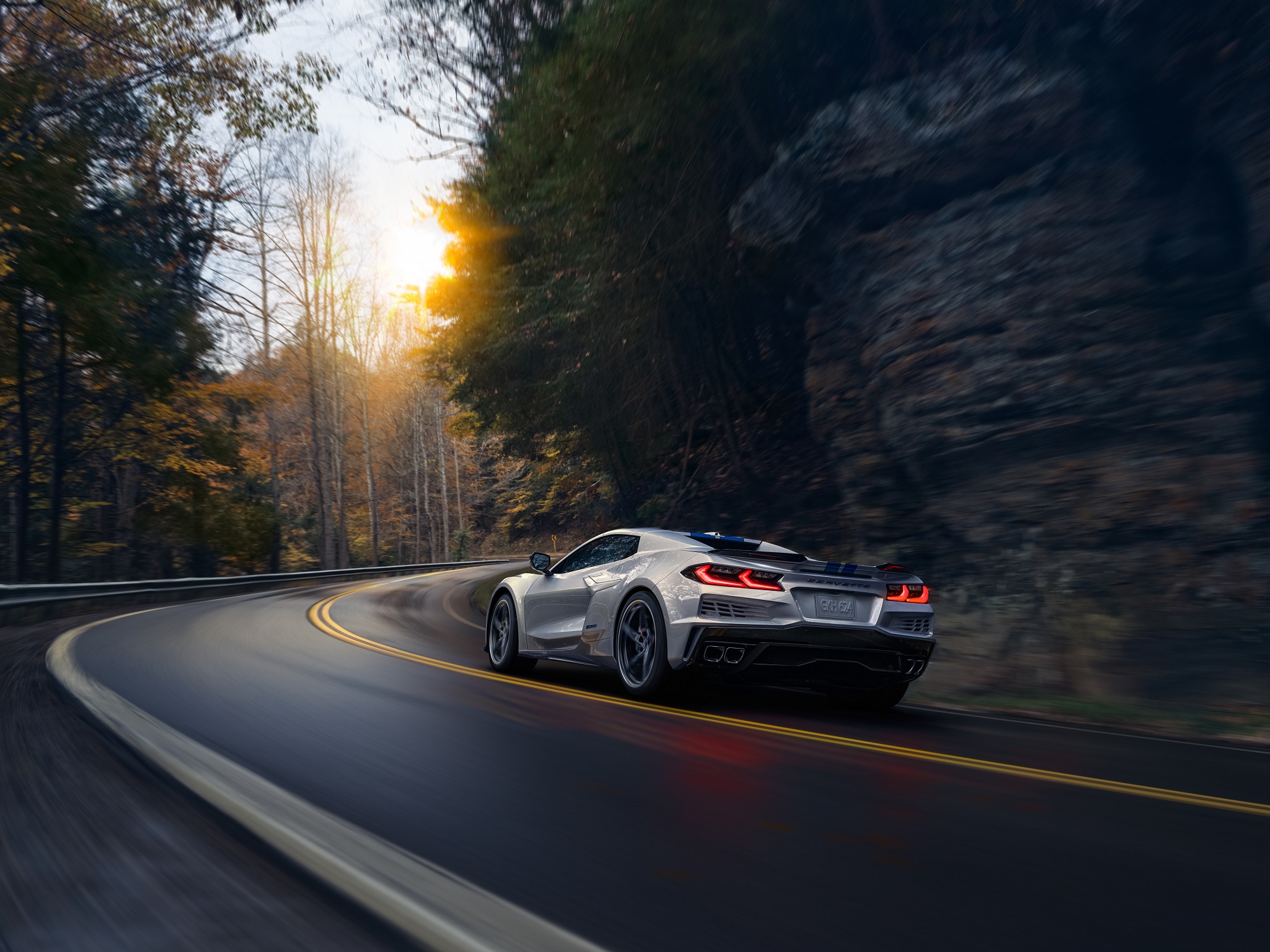 The new hybrid electric Corvette E-Ray takes a corner showing off its widebody.