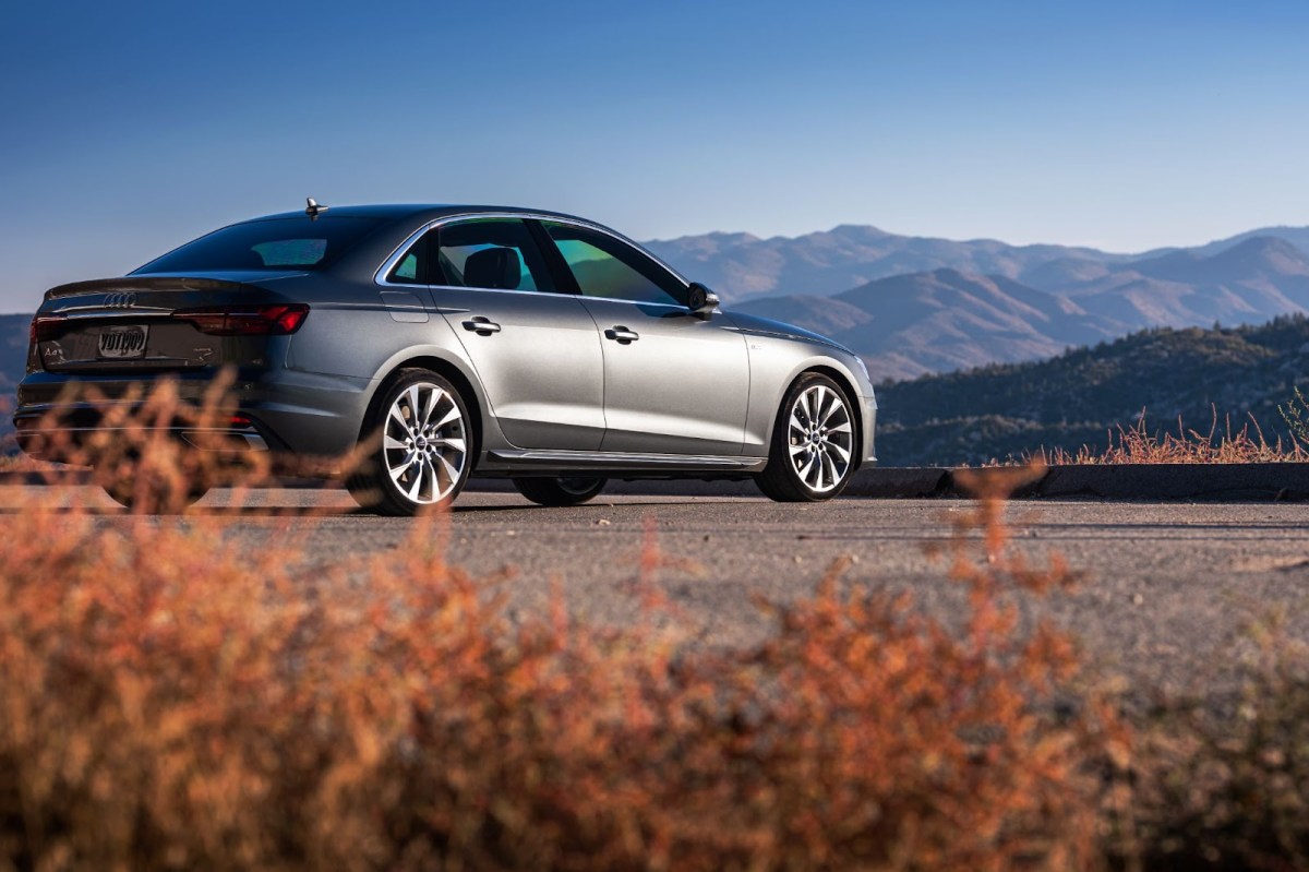 An exterior shot of the Audi A4 with mountains in the background