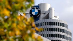 The BMW logo on the company's headquarters located in Bavaria, Munich, Germany