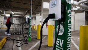 A Blink electric vehicle (EV) charging station at a Whole Foods parking garage in Washington, D.C.