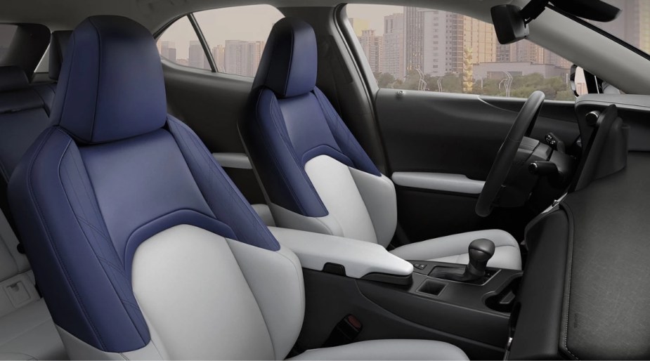 Blue and white seats in 2023 Lexus UX hybrid luxury SUV, most affordable new Lexus car with high fuel economy