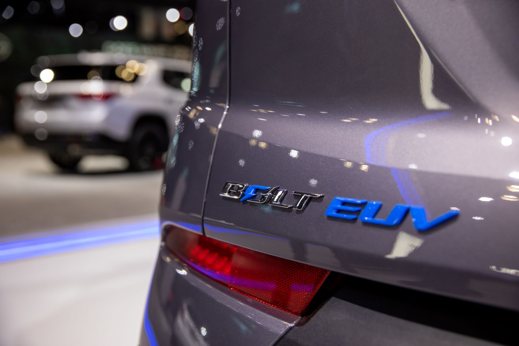 Chevy Bolt EUV (electric utility vehicle) rear badging seen at the 2022 New York International Auto Show
