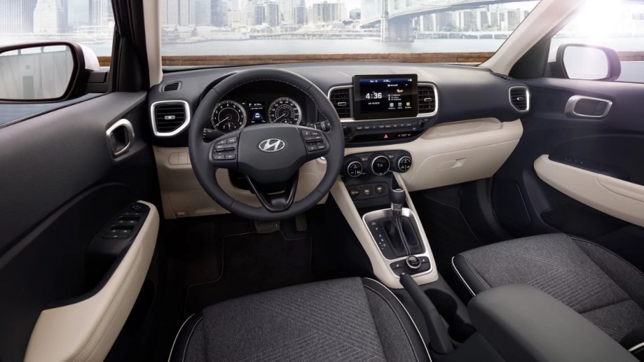 Dashboard and front seats in 2023 Hyundai Venue, cheapest new Hyundai car and most affordable SUV in America