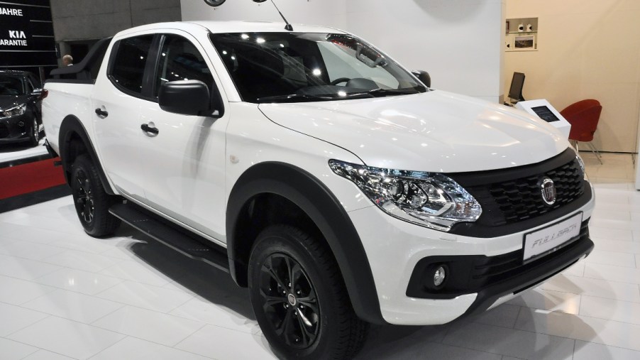 A white Fiat Fullback pickup truck is a vehicle not sold in the United States