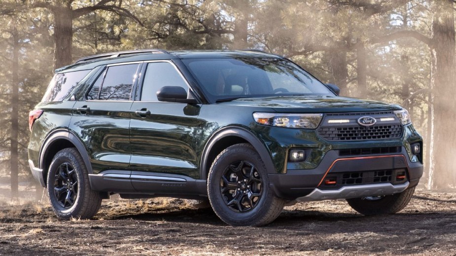 Front angle view of 2023 Ford Explorer Timberline midsize SUV