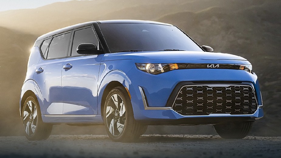 Front angle view of 2023 Kia Soul, affordable new car under $20,000 recommended by Consumer Reports due to reliability