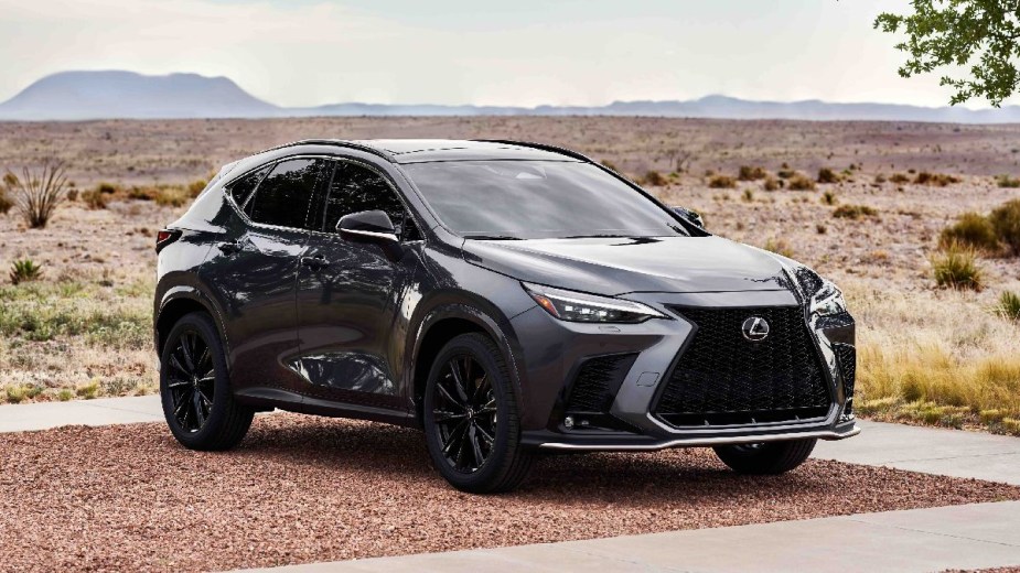 Front angle view of 2023 Lexus NX, showing Lexus as more reliable Consumer Reports luxury car brand than BMW