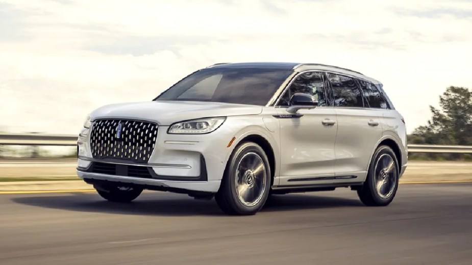 Front angle view of 2023 Lincoln Corsair luxury SUV, cheapest new Lincoln and one of Consumer Reports’ most reliable SUVs