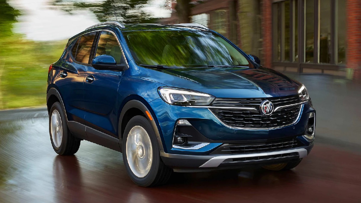 Front angle view of blue 2023 Buick Encore GX, cheapest new Buick and most affordable luxury SUV available