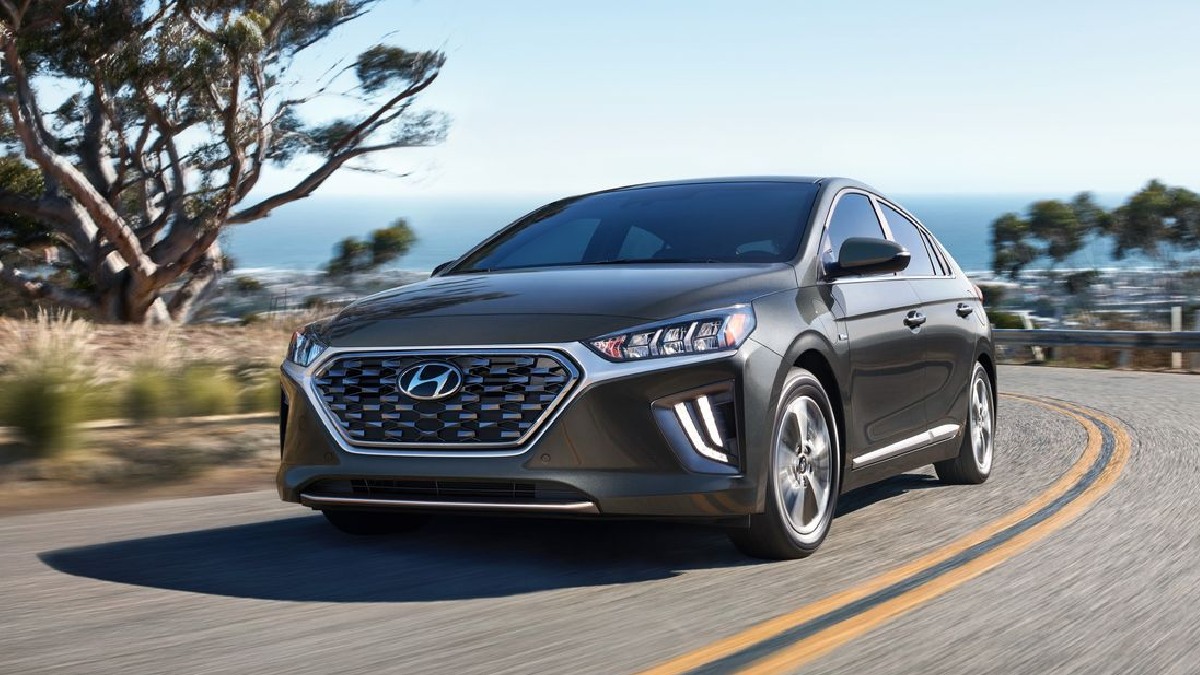 Front angle view of gray 2022 Hyundai IONIQ Hybrid, cheapest new Hyundai hybrid and car with best gas mileage