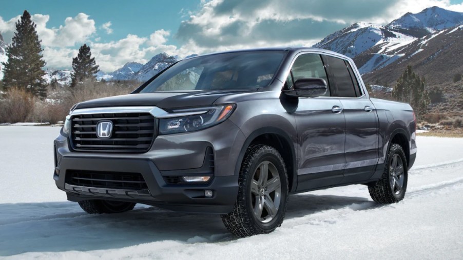Front angle view of gray 2023 Honda Ridgeline midsize pickup truck