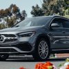 Front angle view of gray 2023 Mercedes-Benz GLA-Class luxury SUV, the cheapest new Mercedes-Benz car