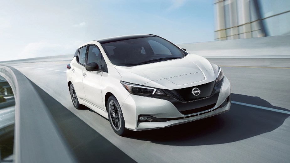 Front angle view of reliable 2023 Nissan LEAF, only electric car under $30,000 recommended by Consumer Reports