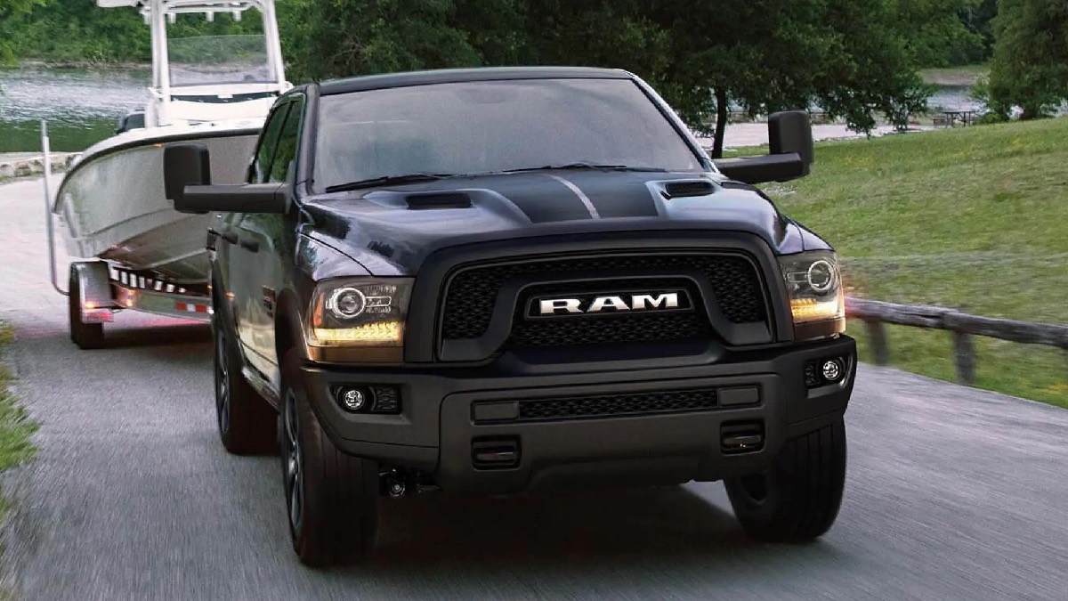 Front view of black 2023 Ram 1500 Classic, cheapest new Ram model and most affordable full-size pickup truck in America