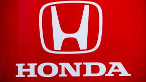 The Honda logo and lettering on a red background at the Formula 1 Winter Tests in Barcelona, Spain